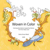 Cover of Woven in Color showing a peacock and floral ornament in warm golden tones.