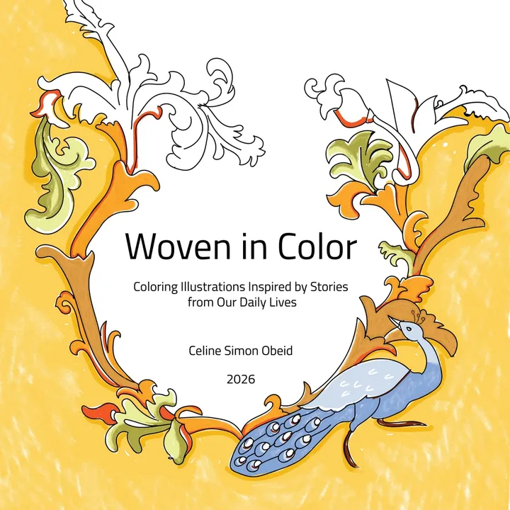 Cover of Woven in Color showing a peacock and floral ornament in warm golden tones.